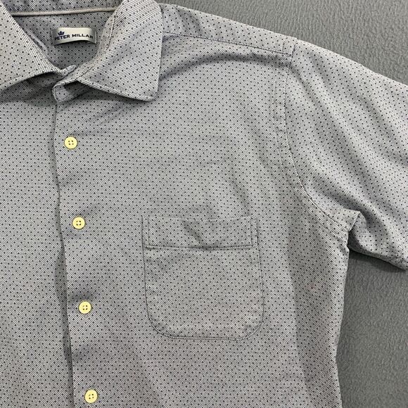 Peter Millar Button Up Mens Large Gray Shirt Blue Polka Dots Short Sleeves - Picture 4 of 13